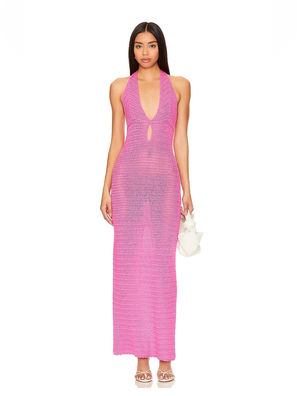 Hot Pink Halter Crochet Maxi Swim Cover-Up Dress